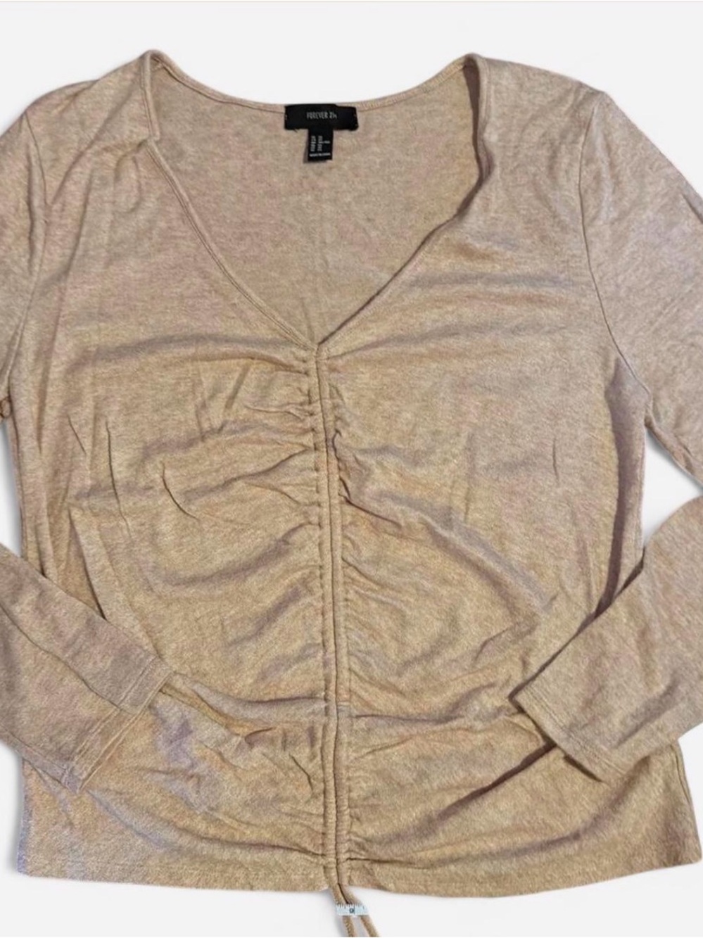 Forever 21 Light Beige Ruched V-Neck Long Sleeve Top